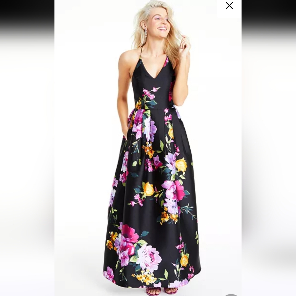BCX Pink and Yellow Halter A-Line Maxi Dress